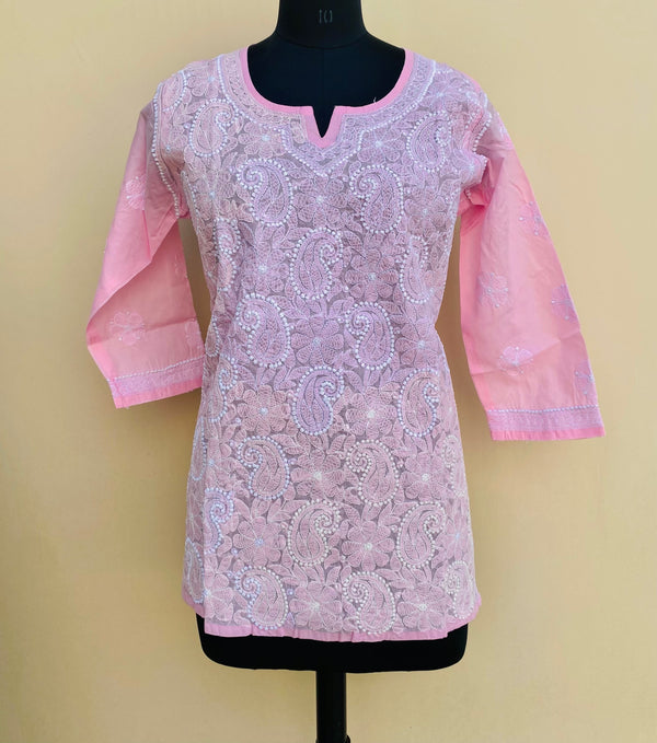 Lucknowi Chikankari Short Kurti Pink Cotton