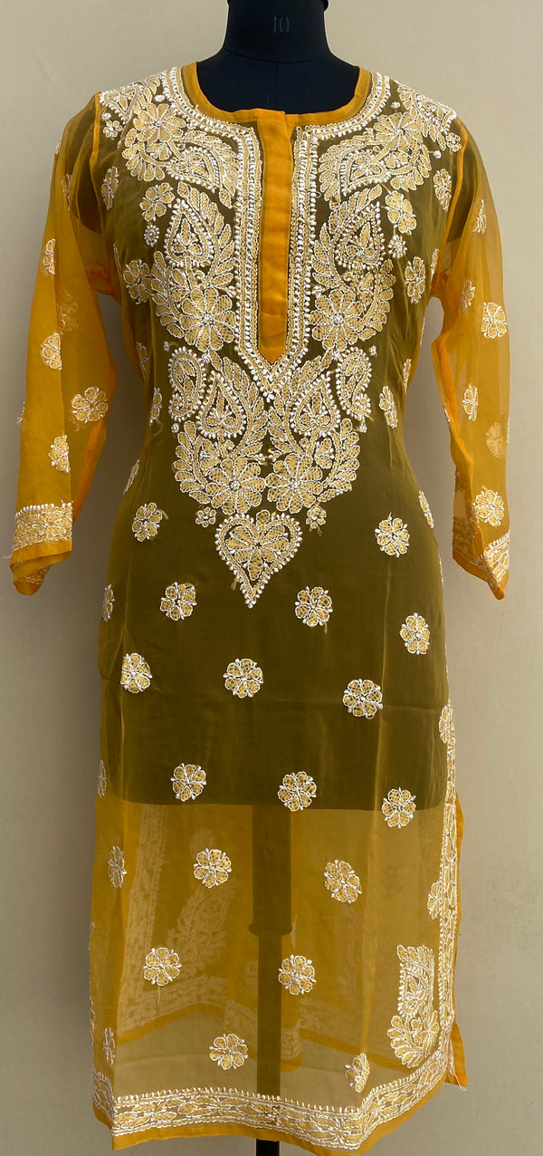 Lucknowi Chikankari Kurti Mustard Faux Georgette