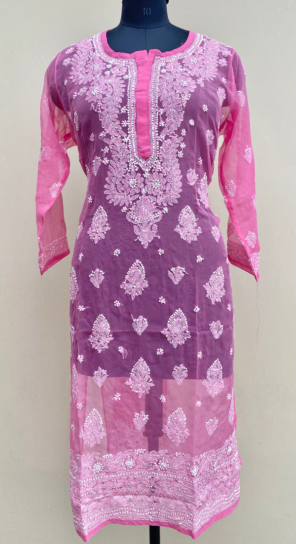 Lucknowi Chikankari Kurti Pink Faux Georgette