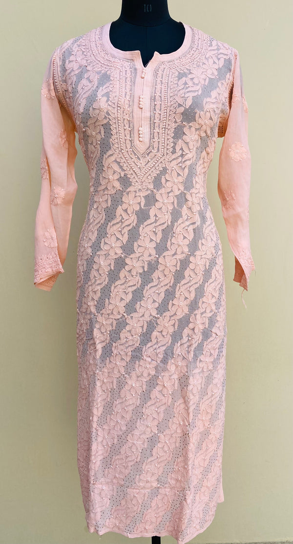 Lucknowi Chikankari Self Kurti Peach Pure Georgette With Mukaish Work