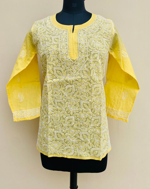 Lucknowi Chikankari Short Kurti Yellow Cotton