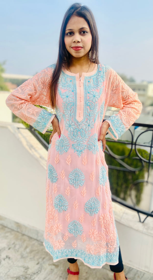 Lucknowi Chikankari Kurti Peach Faux Georgette