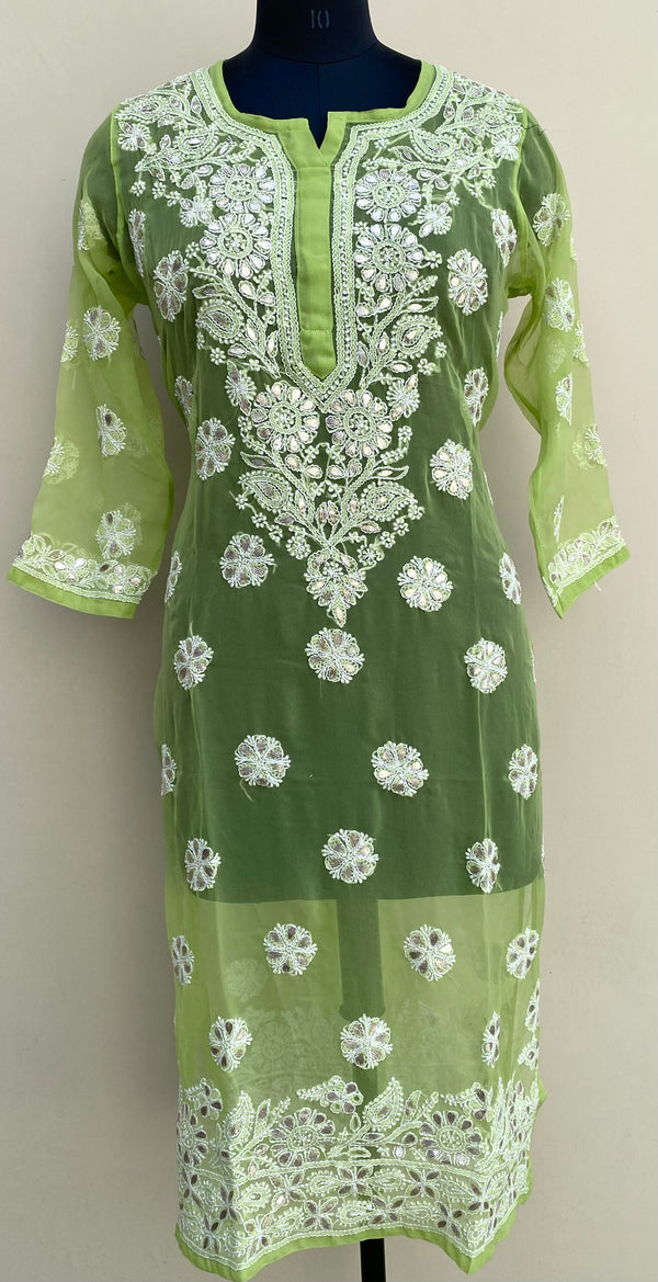 Lucknowi Chikankari Kurti Green Faux Georgette