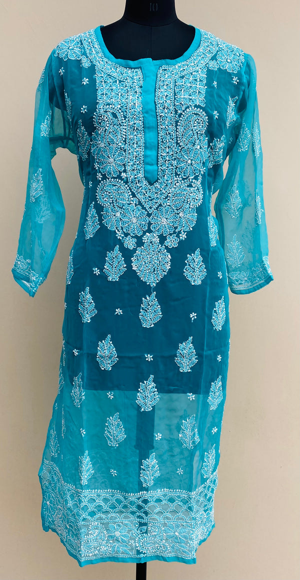 Lucknowi Chikankari Kurti Blue Faux Georgette