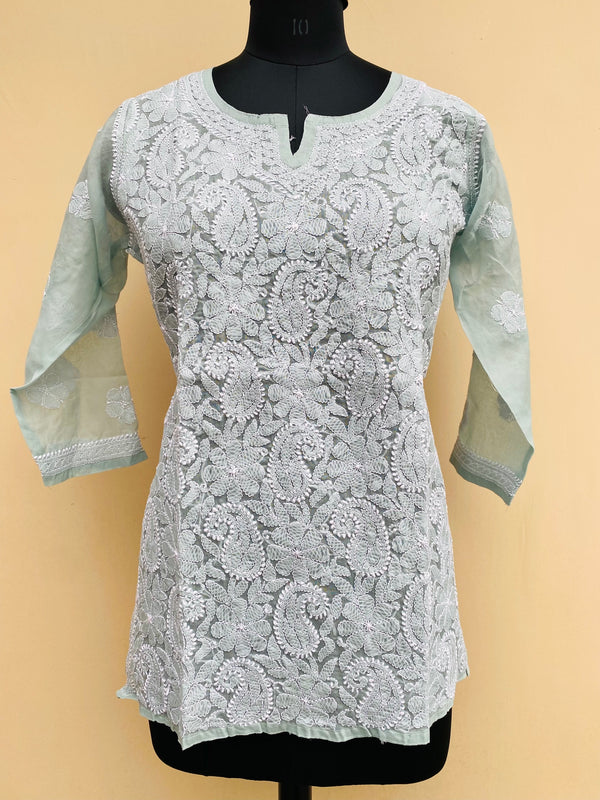 Lucknowi Chikankari Short Kurti Teal Green Cotton