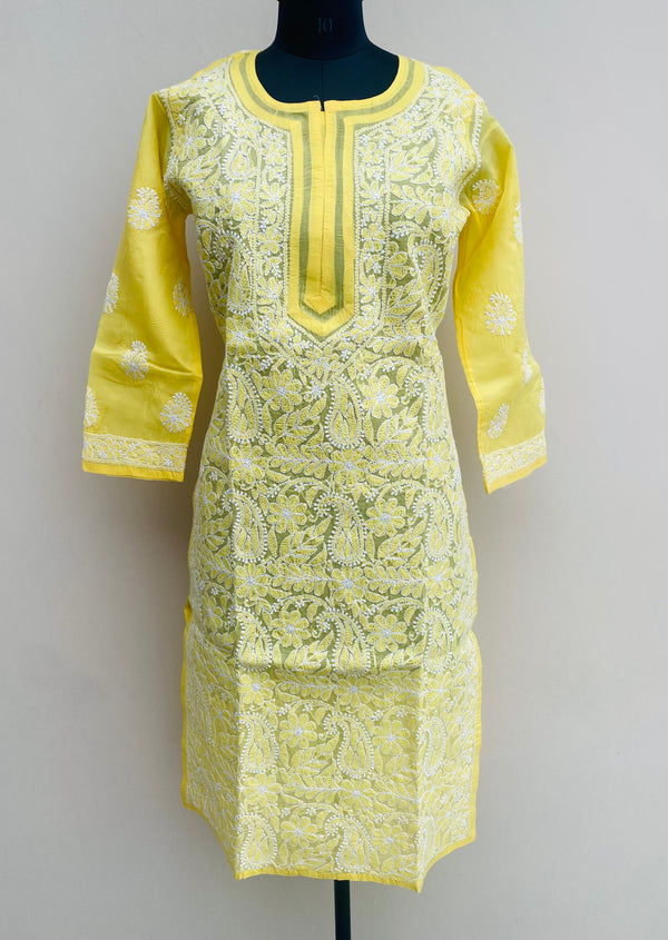 Lucknowi Chikankari Kurti Yellow Cotton