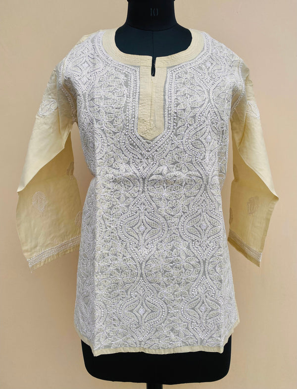 Lucknowi Chikankari Short Kurti Beige Cotton