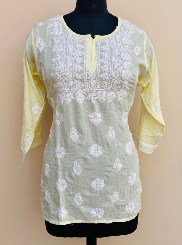 Lucknowi Chikankari Short Kurti Lemon Yellow Modal Cotton