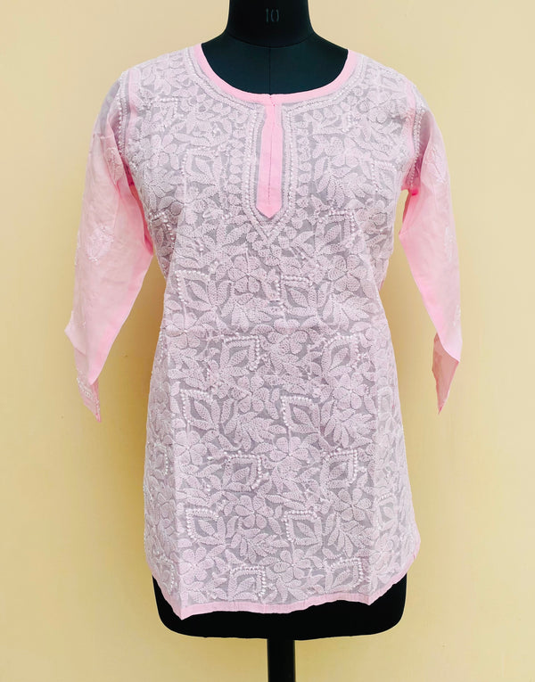 Lucknowi Chikankari Short Kurti Baby Pink Cotton