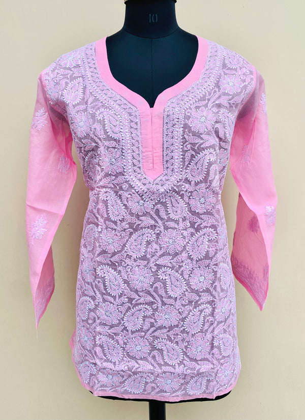 Lucknowi Chikankari Short Kurti Pink Cotton