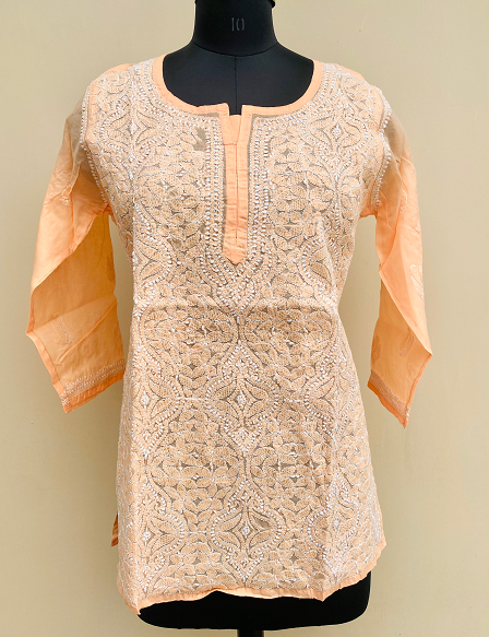 Lucknowi Chikankari Short Kurti Orange Cotton