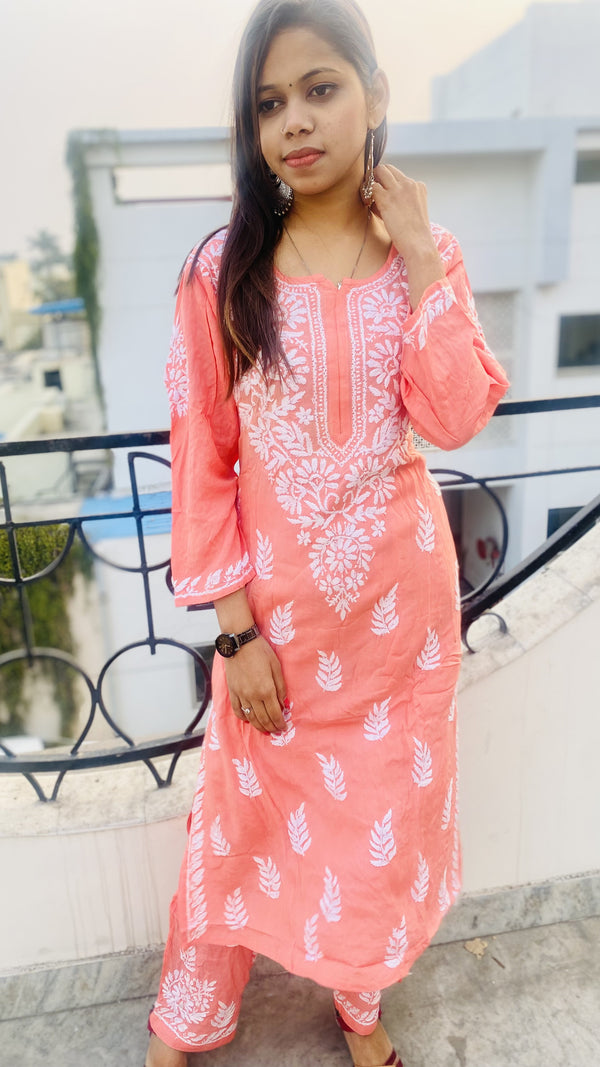 Lucknowi Chikankari Co-ord Set Peach Modal