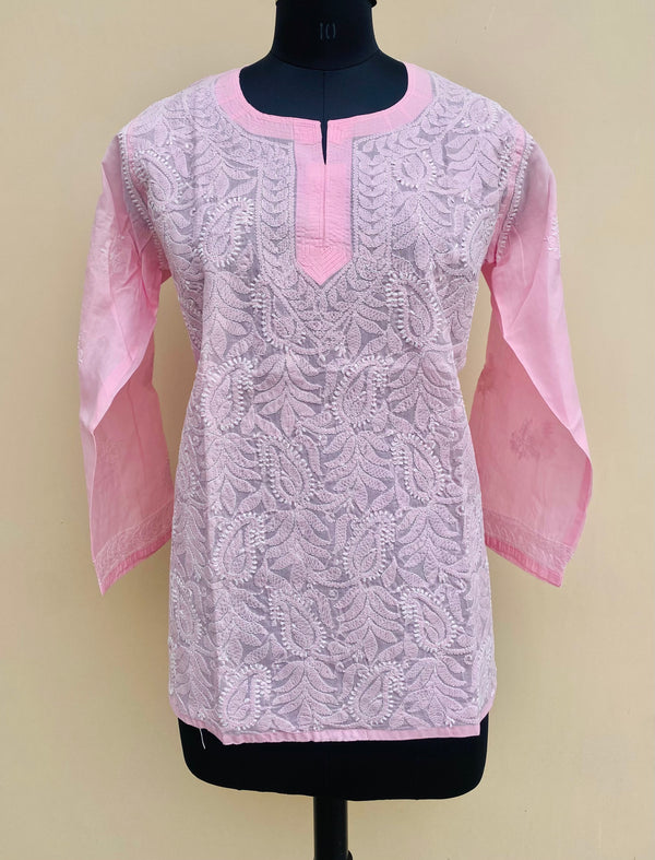 Lucknowi Chikankari Short Kurti Pink Cotton