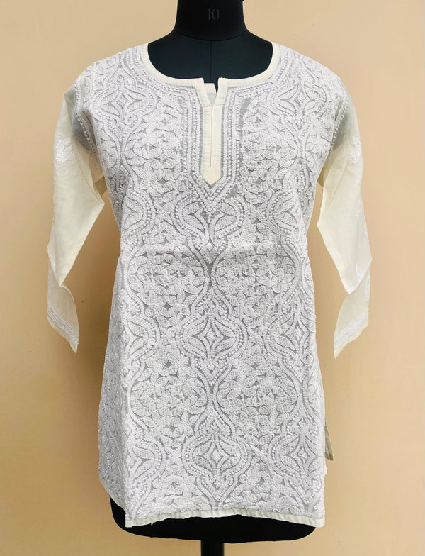 Lucknowi Chikankari Short Kurti Cream Cotton