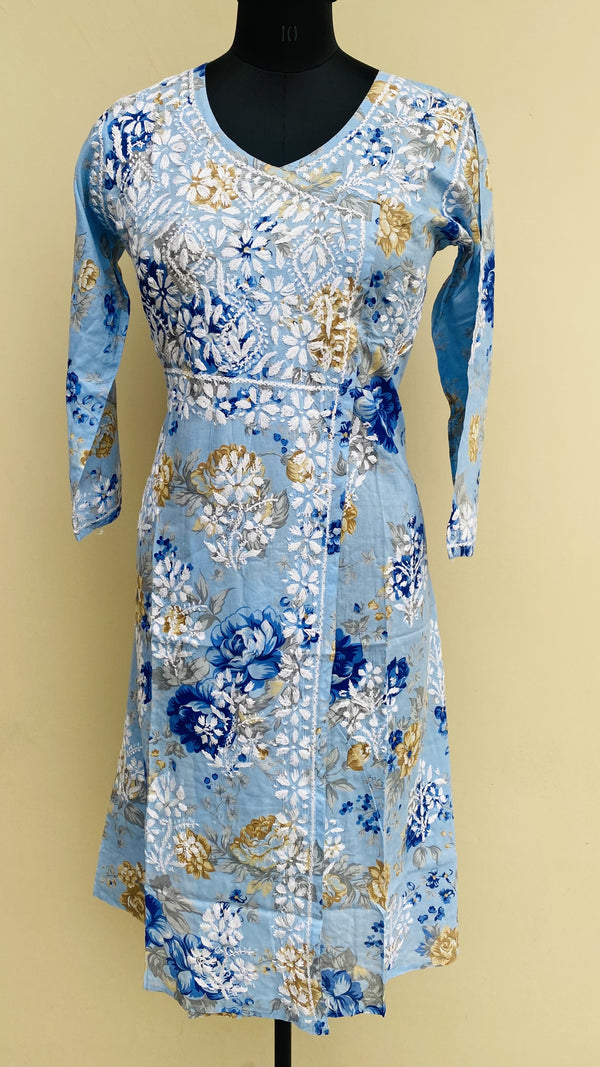 Lucknowi Chikankari Printed Angrakha Kurti Blue Mal Cotton