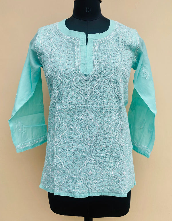 Lucknowi Chikankari Short Kurti Sea Green Cotton