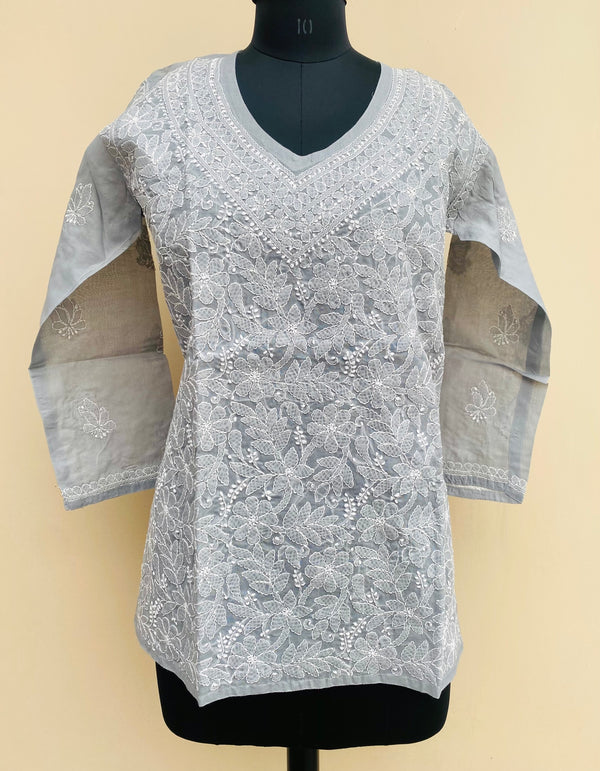 Lucknowi Chikankari Short Kurti Gray Cotton