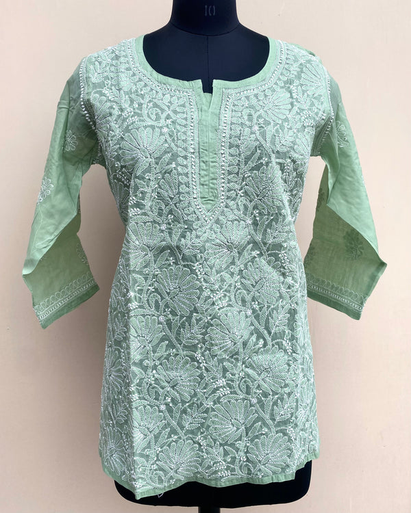 Lucknowi Chikankari Short Kurti Teal Green Cotton