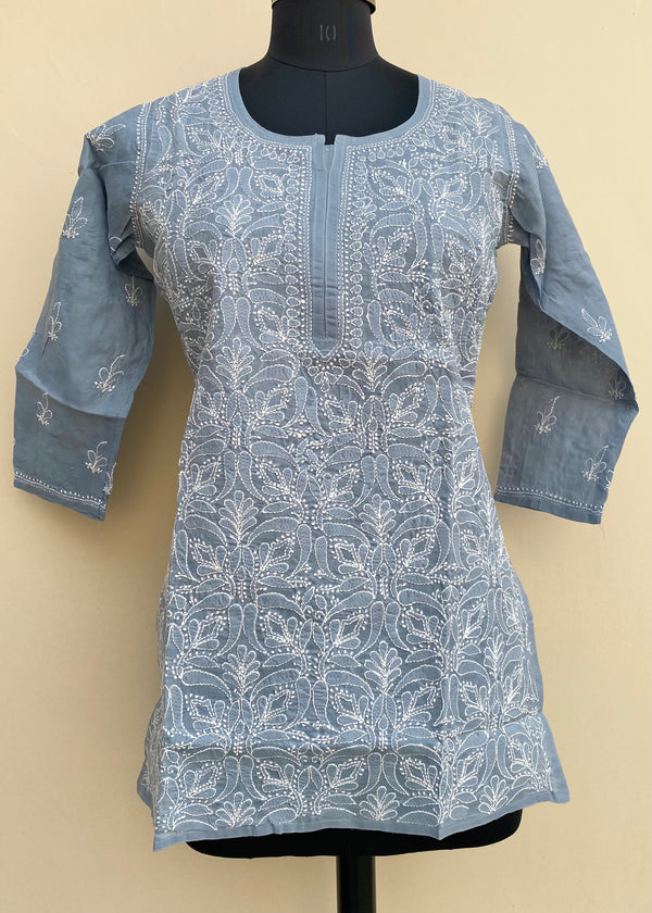 Lucknowi Chikankari Short Kurti Gray Cotton