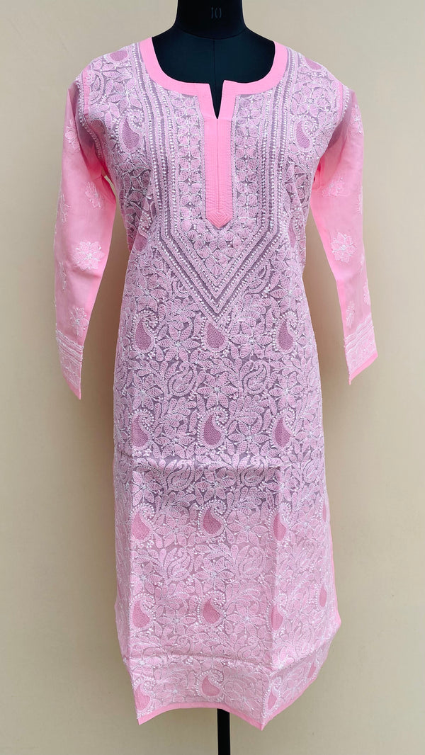 Lucknow Chikankari Kurti Pink Cotton with Jaali Work