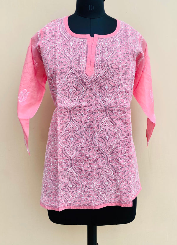 Lucknowi Chikankari Short Kurti Pink Cotton