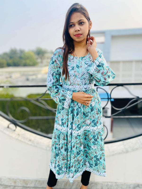 Lucknowi Chikankari Designer Kurti Sea Green Mal Cotton