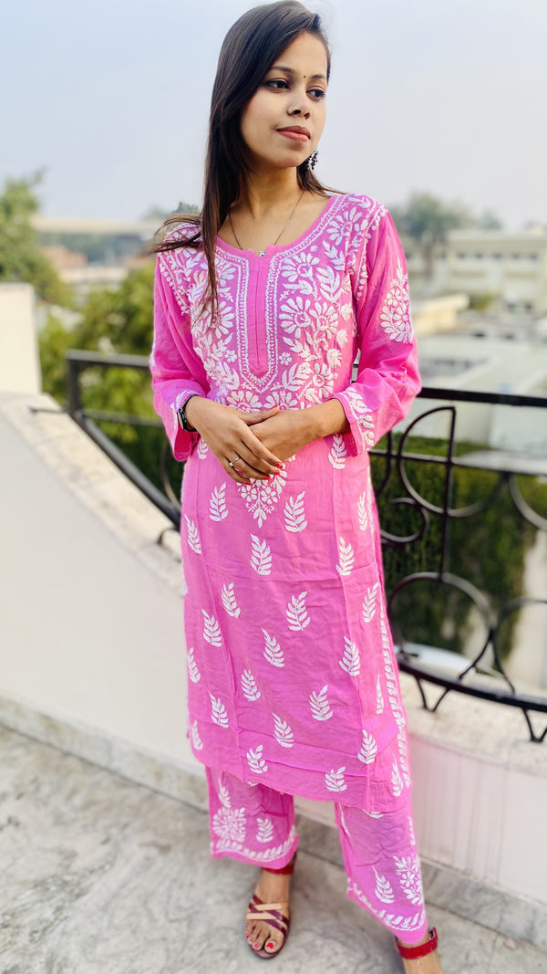 Lucknowi Chikankari Co-ord Set Pink Modal