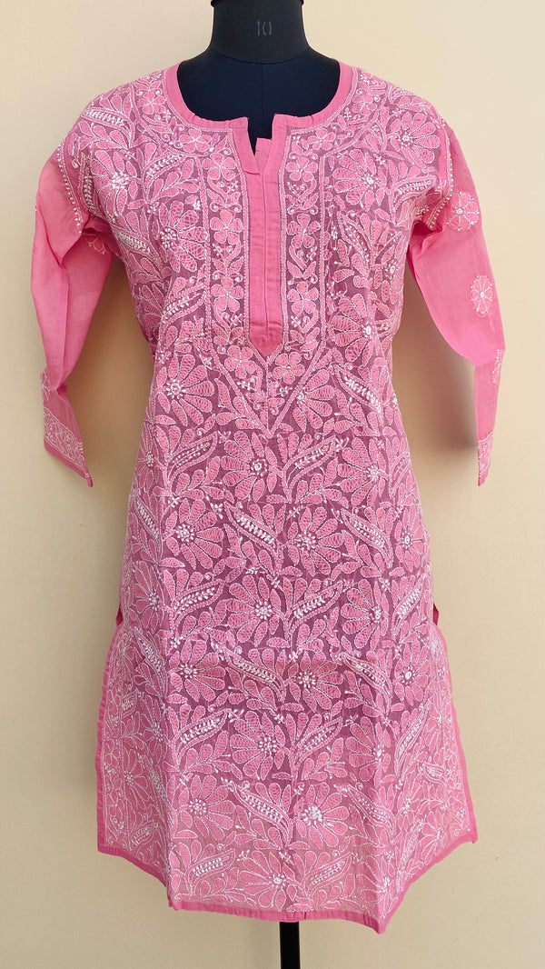 Lucknowi Chikankari Kurti Pink Cotton