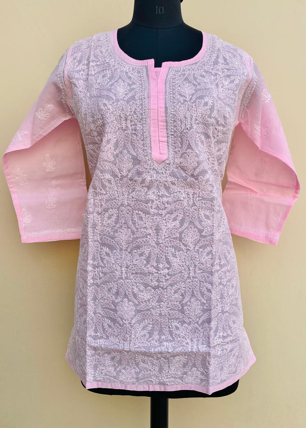 Lucknowi Chikankari Short Kurti Pink Cotton