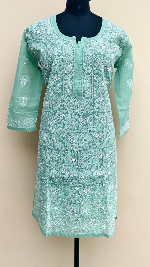 Lucknowi Chikankari Kurti Teal Green Cotton