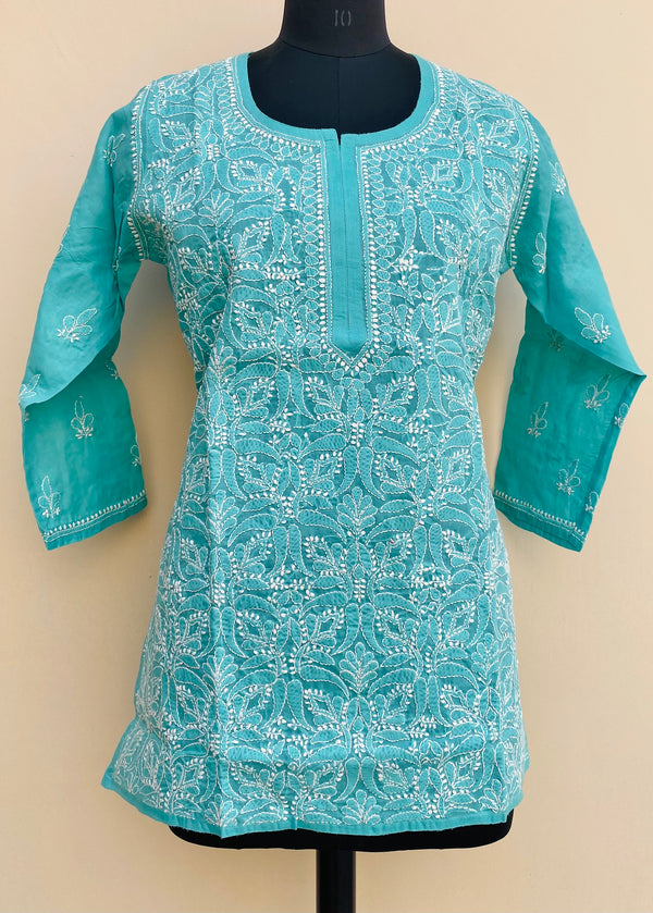 Lucknowi Chikankari Short Kurti Sea Green Cotton