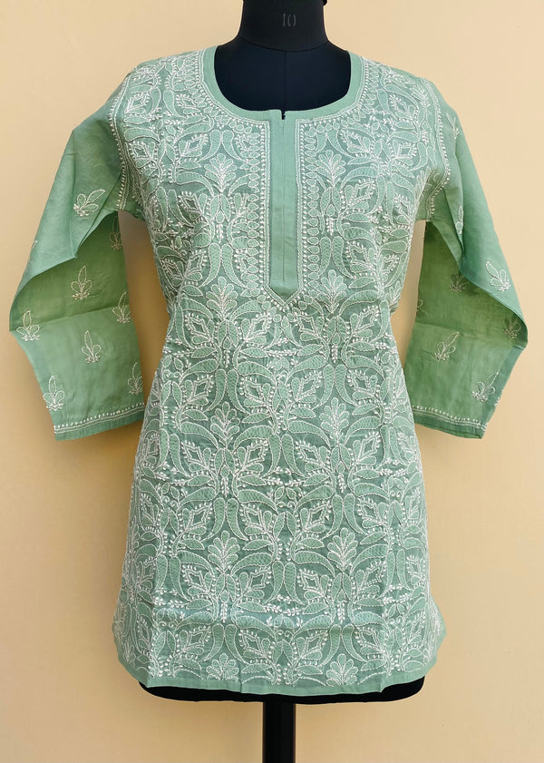 Lucknowi Chikankari Short Kurti Teal Green Cotton