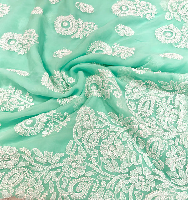 Lucknowi Chikankari Saree Sea Green Faux Georgette