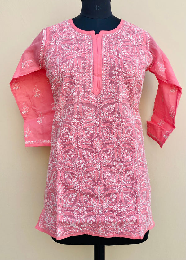 Lucknowi Chikankari Short Kurti Pink Cotton