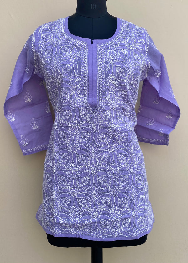 Lucknowi Chikankari Short Kurti Purple Cotton