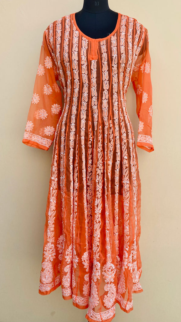 Lucknowi Chikankari Anarkali Kurti Orange Georgette