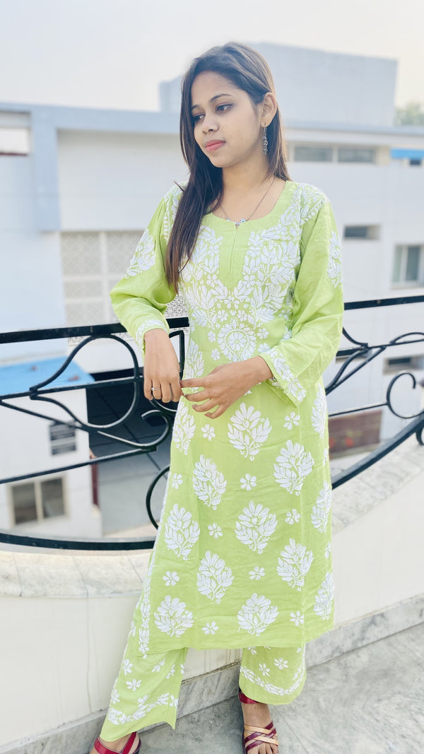 Lucknowi Chikankari Co-ord Set Green Modal