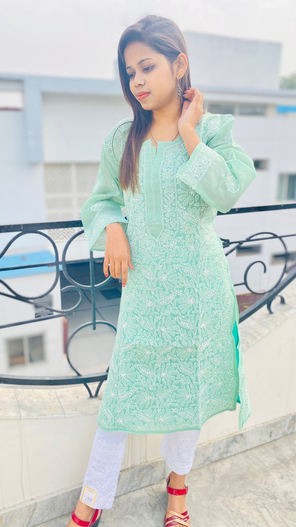 Lucknowi Chikankari  Kurti Teal Green Cotton