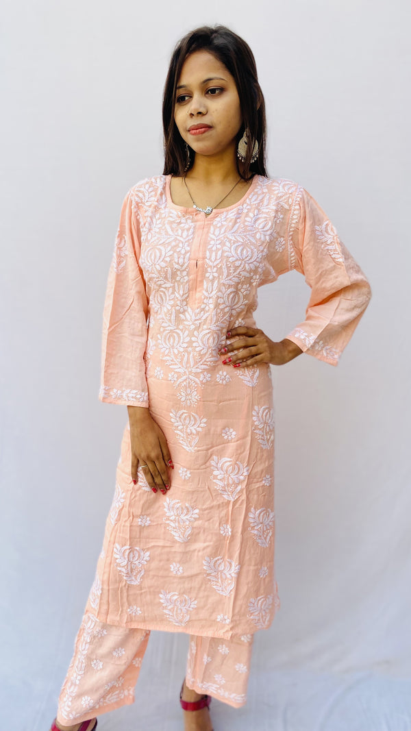 Lucknowi Chikankari Co-ord Set Peach Modal