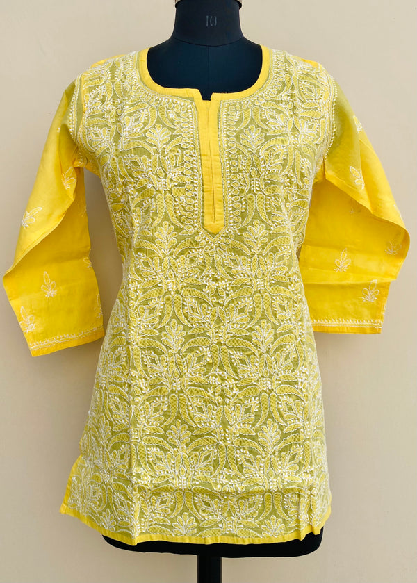 Lucknowi Chikankari Short Kurti Yellow Cotton