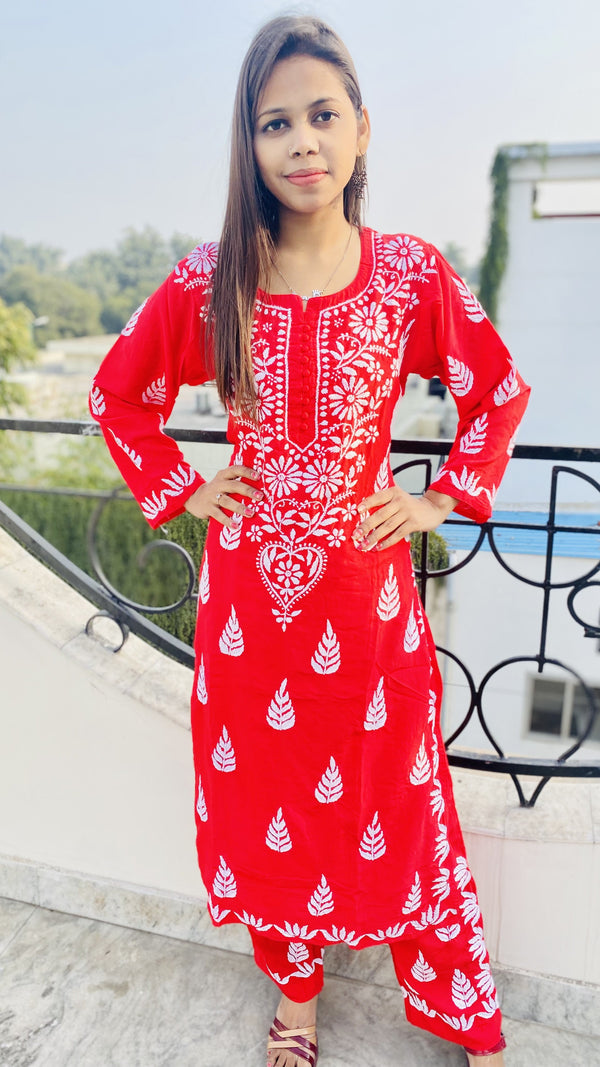 Lucknowi Chikankari Co-ord Set Red Modal Cotton