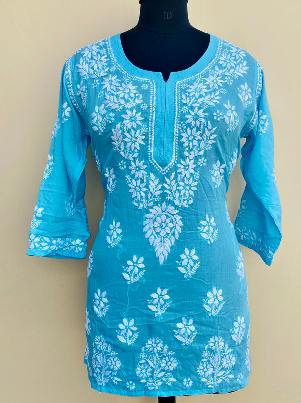 Lucknowi Chikankari Short Kurti Blue Modal Cotton