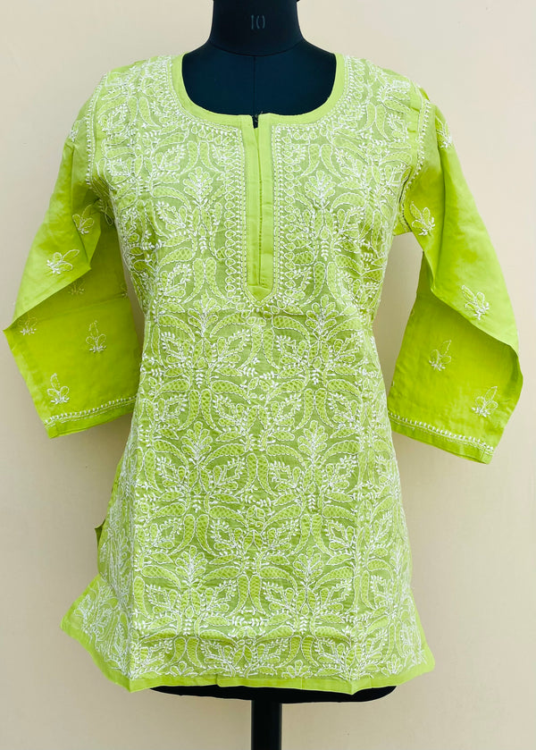 Lucknowi Chikankari Short Kurti Green Cotton