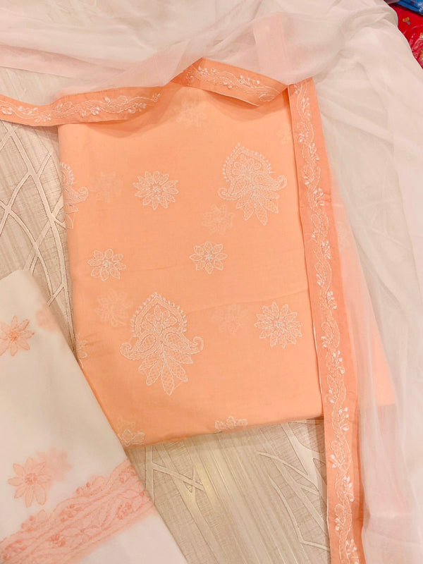 Lucknowi Chikankari Suit Length 3 Piece Peach Cotton