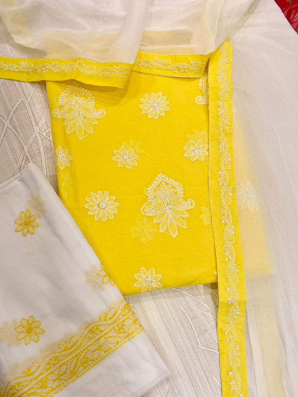 Lucknowi Chikankari Suit Length 3 Piece Yellow Cotton