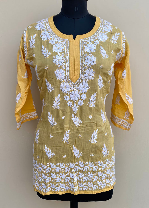 Lucknowi Chikankari Short Kurti Yellow Modal Cotton