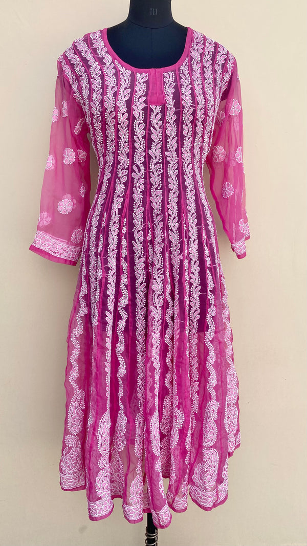 Lucknowi Chikankari Anarkali Kurti Pink Georgette