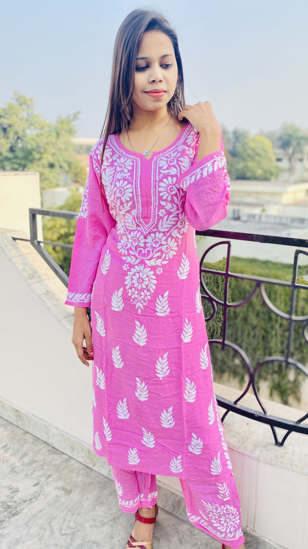 Lucknowi Chikankari Co-ord Set Pink Modal