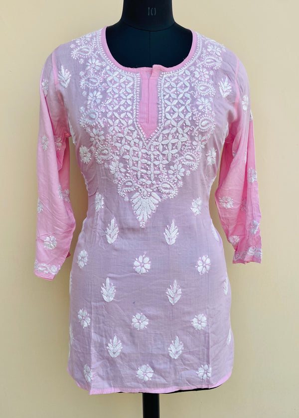 Lucknowi Chikankari Short Kurti Pink Modal Cotton