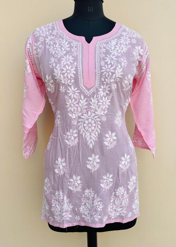 Lucknowi Chikankari Short Kurti Pink Modal Cotton